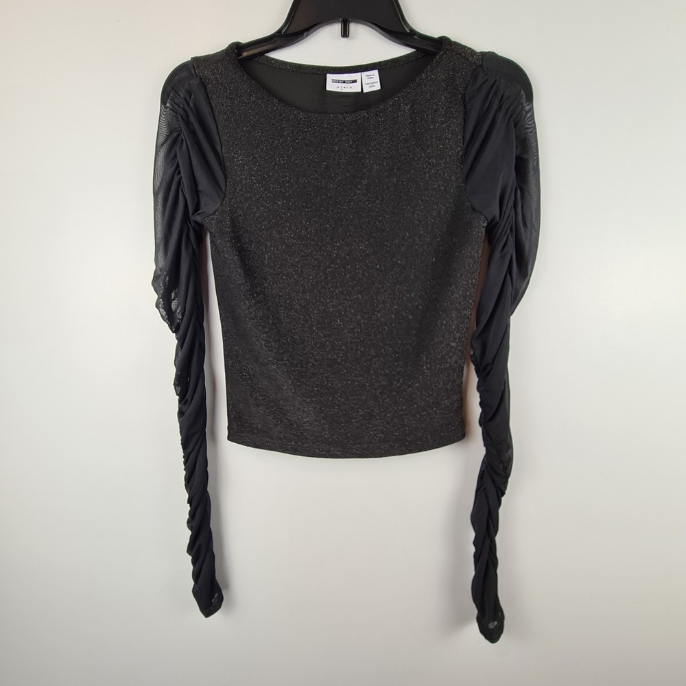 Noisy May Black Sheer Sleeve Long Sleeve Top Small Metallic Cropped Blouse Shiny - Picture 3 of 11